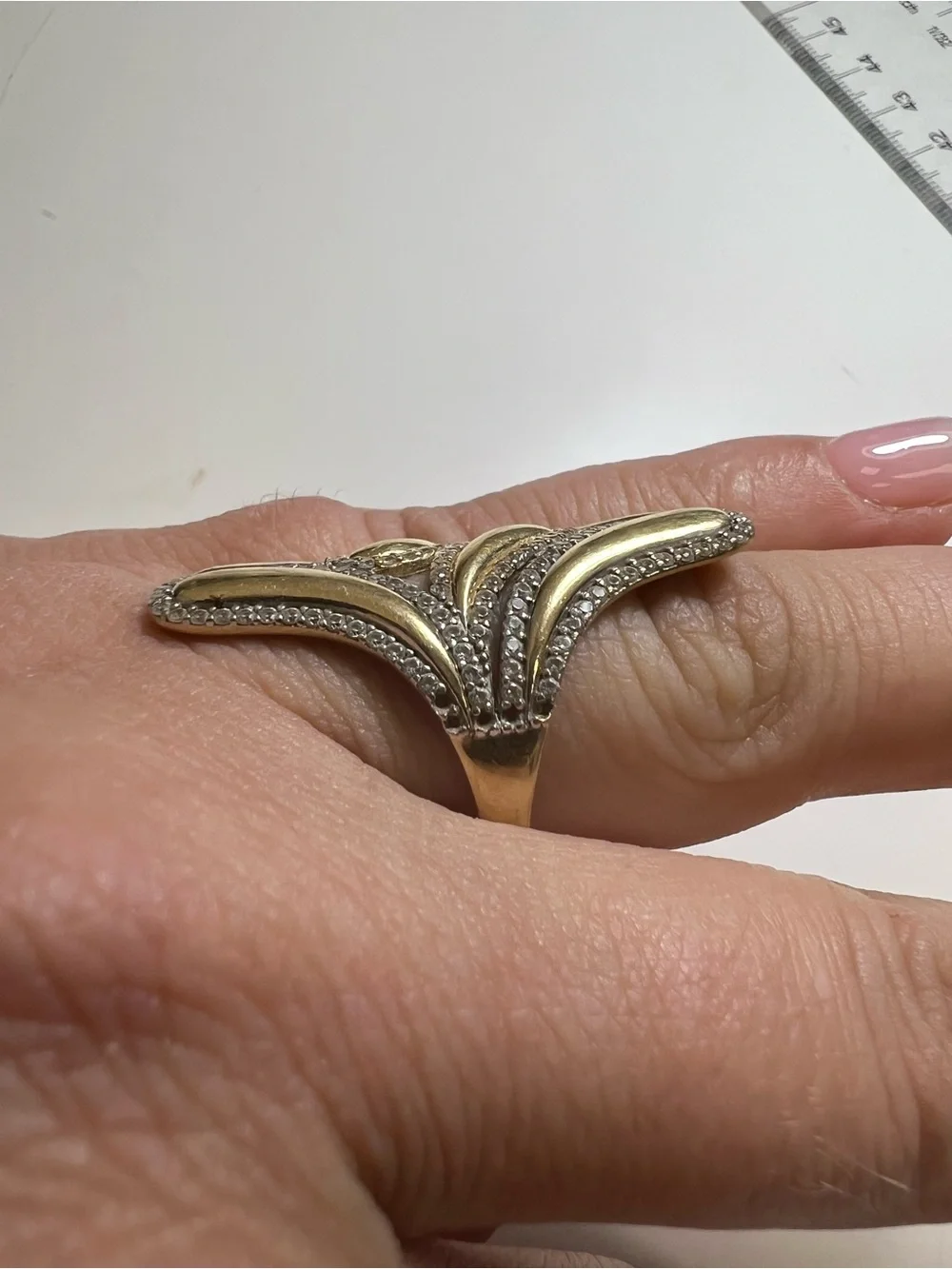 14K Gold and clear stones leaf accents Women's Statement Ring